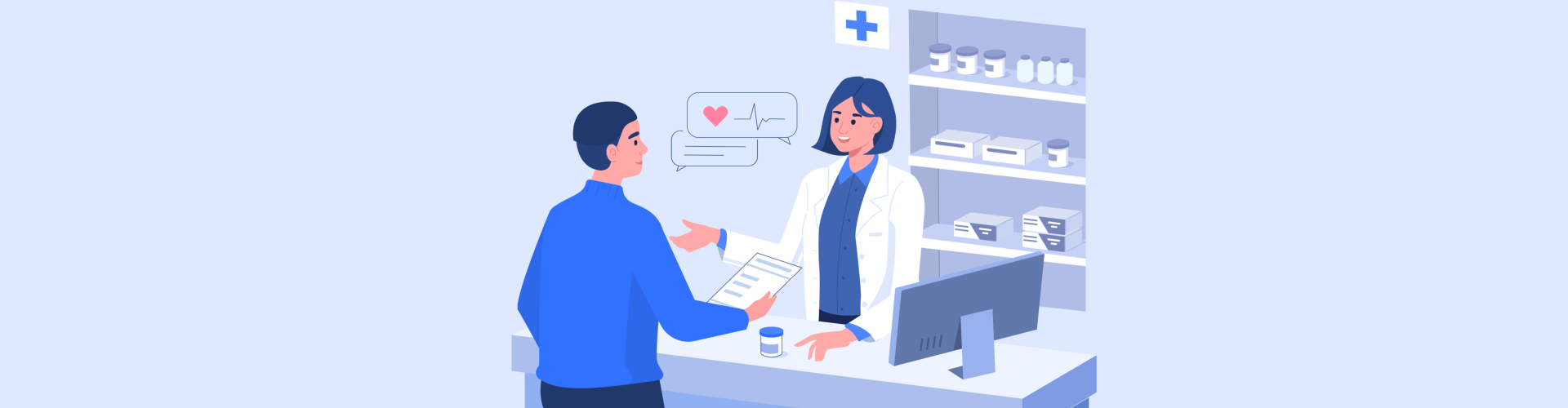 Man Customer Standing near Cashier Desk and Holding Medical Prescription